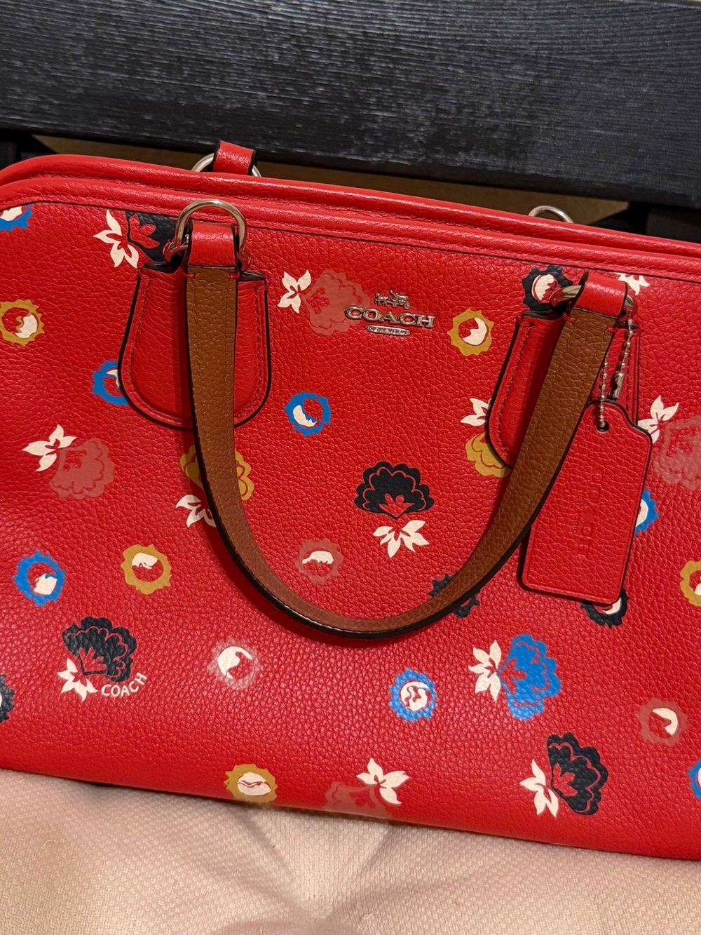Coach Red Floral Print Satchel with Brown Handles